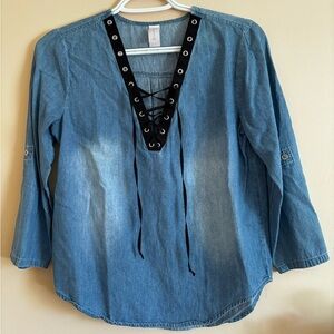 Lace-up front faux denim blouse